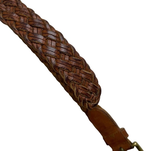 Fossil Brown Leather Belt Womens Medium Woven Brass Buckle 1" Adjustable Classic - Picture 6 of 7